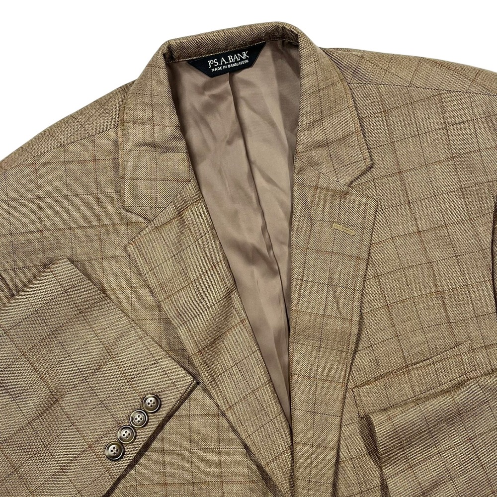 Jos A Bank Traveler Tailored Fit Blazer Sport Coat Mens 44R Tan Brown Windowpane